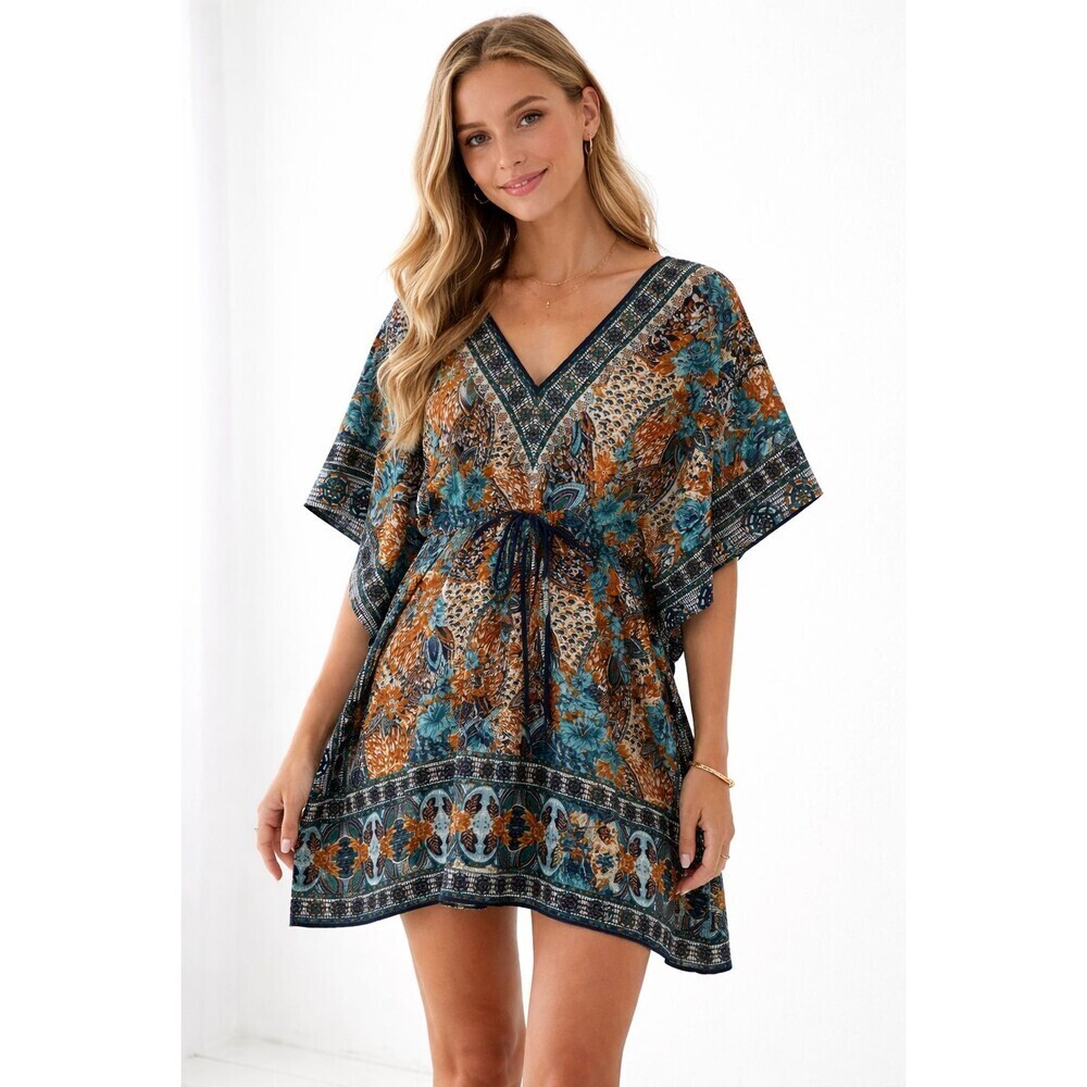 Sacred Threads Caftan Tunic Top One Size OS V-Neck Colorful Floral Print Beachy